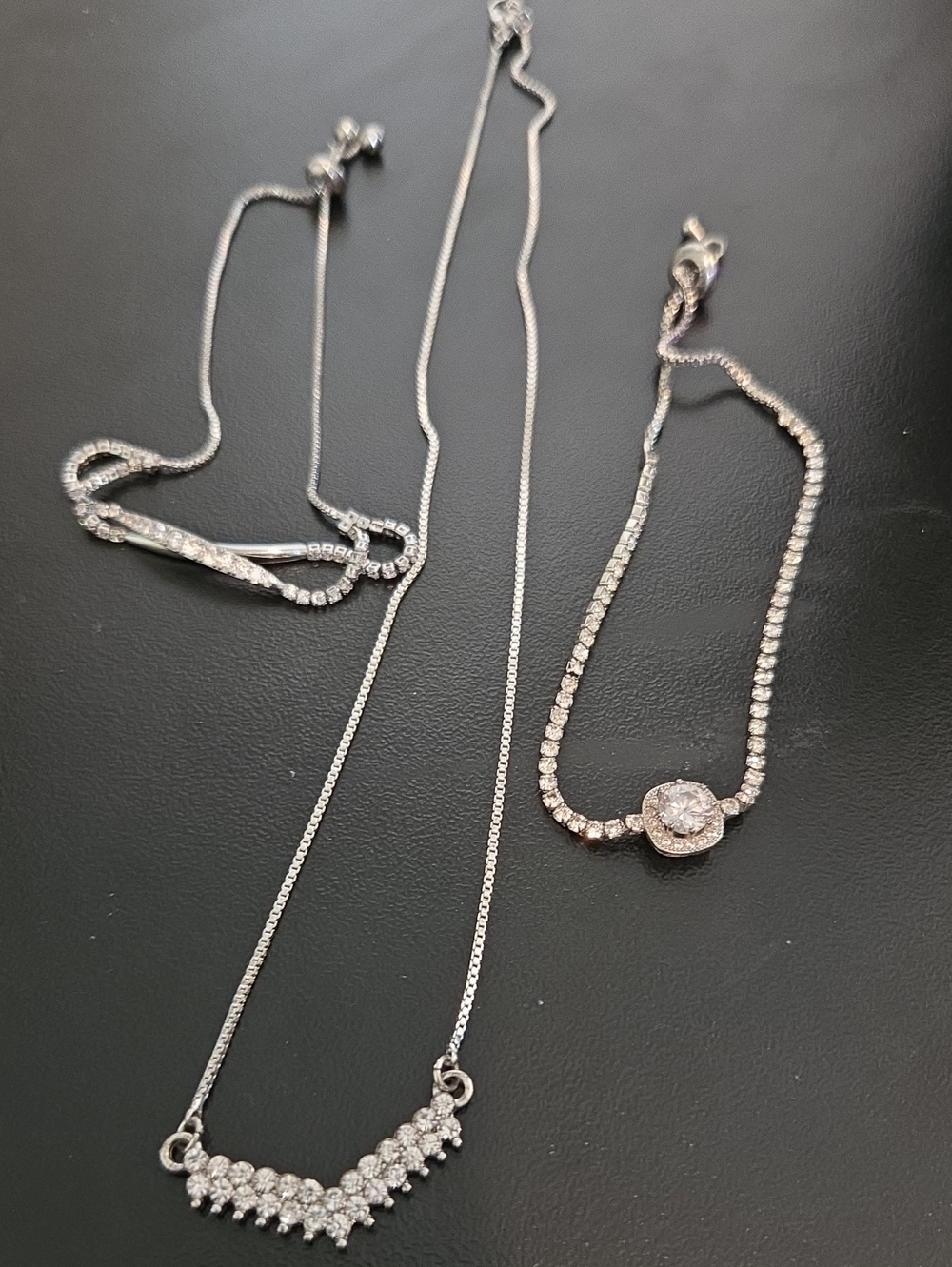 3 Pc Silver Crystal Pendant Necklace & Bracelets